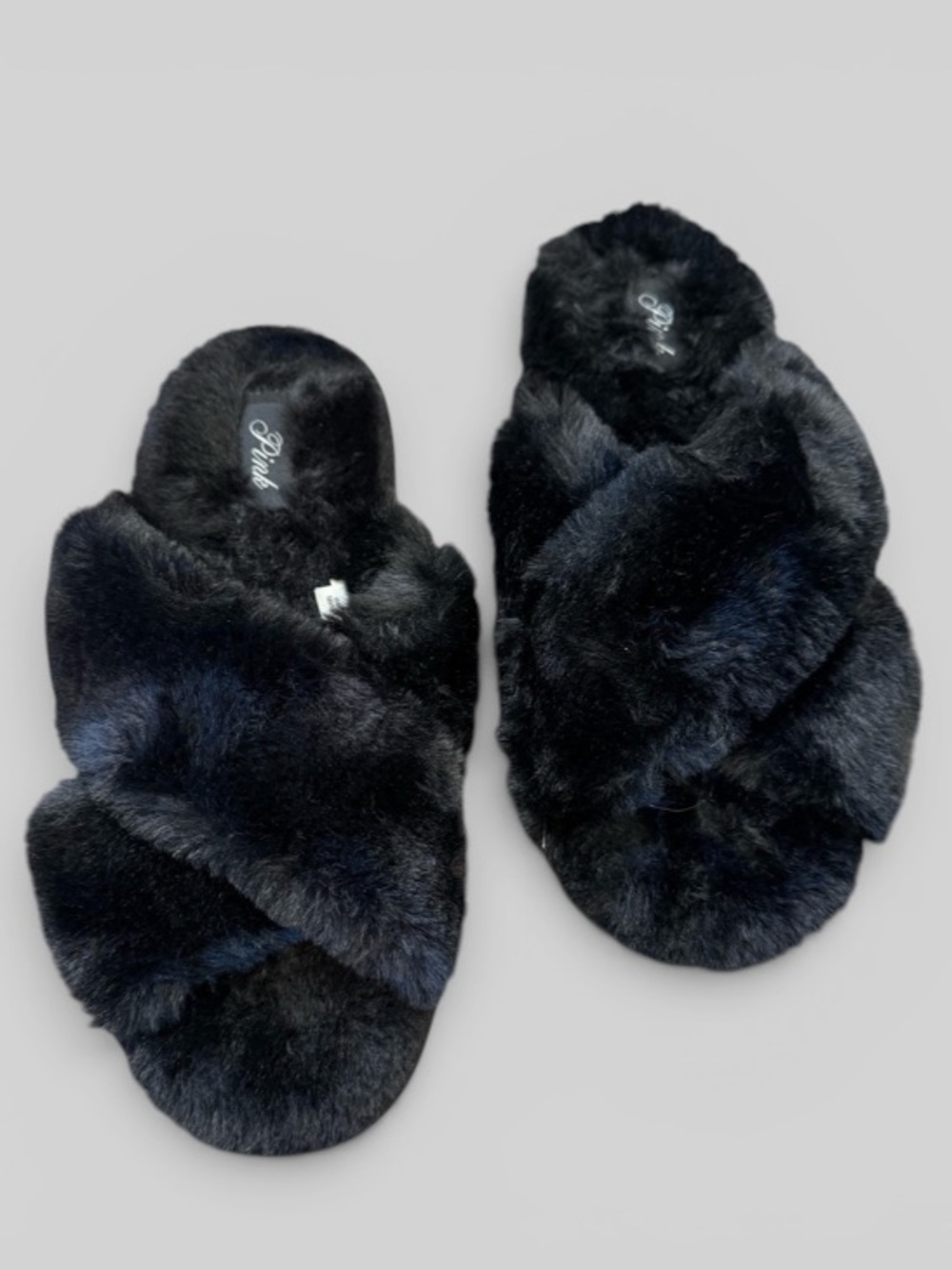 PINK Victorias Secret Crisscross Faux Fur Slide Slippers Small 5-6 Black